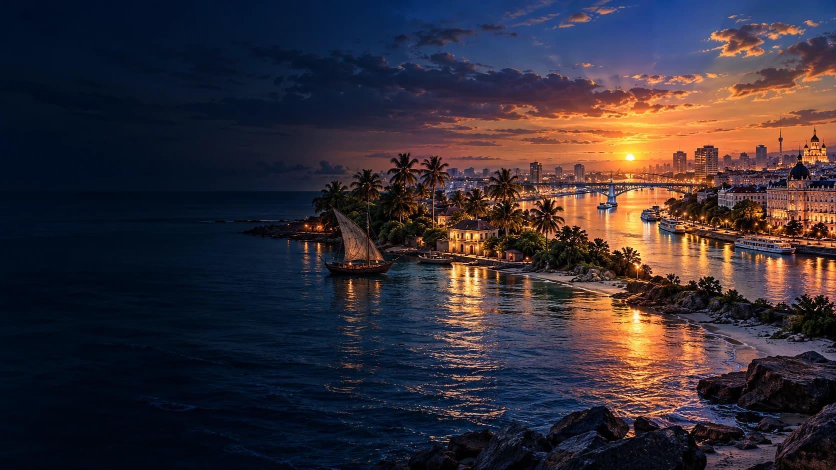 Cinematic artwork joining a Tanzanian coastline to a Russian river city at sunset